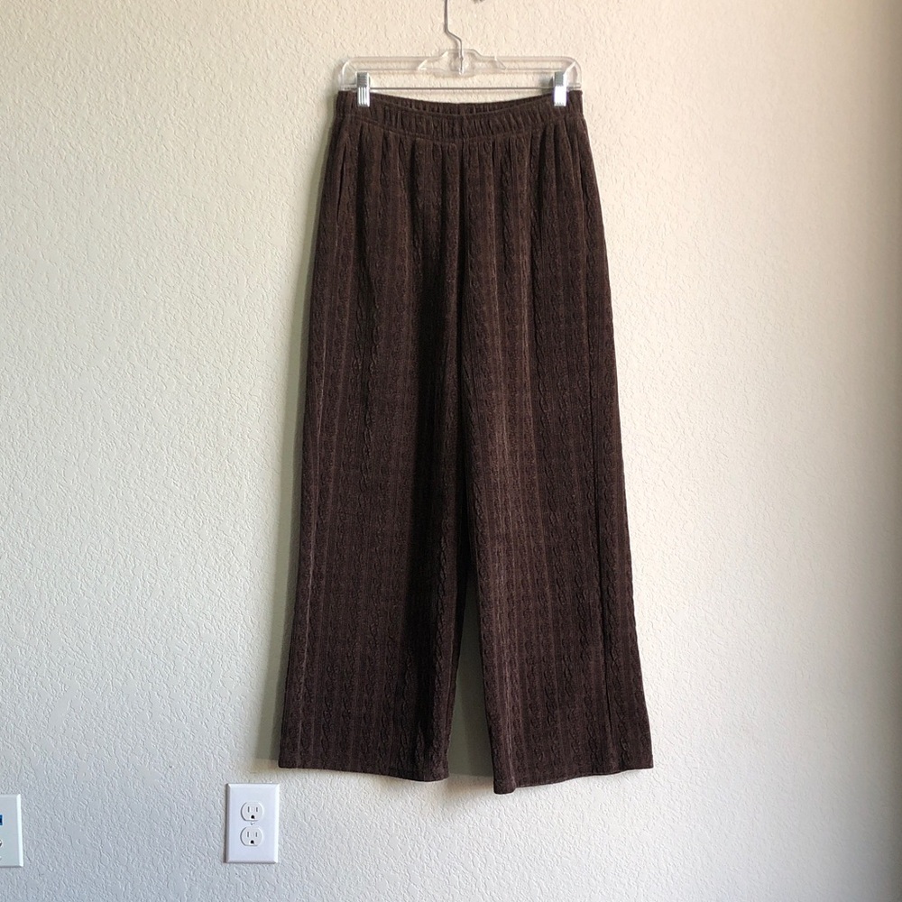 Aerie Offline Cable Knit Wide Leg Lounge Pants Chenille Trouser Brown Pull On